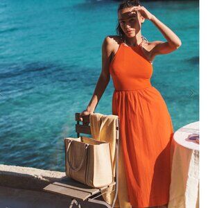 Women's Ribbed Halterneck Midi Dress Linen Blood Orange, Size 8P